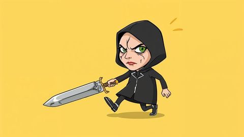 Hooded female assassin warrior with oversized sword on yellow background