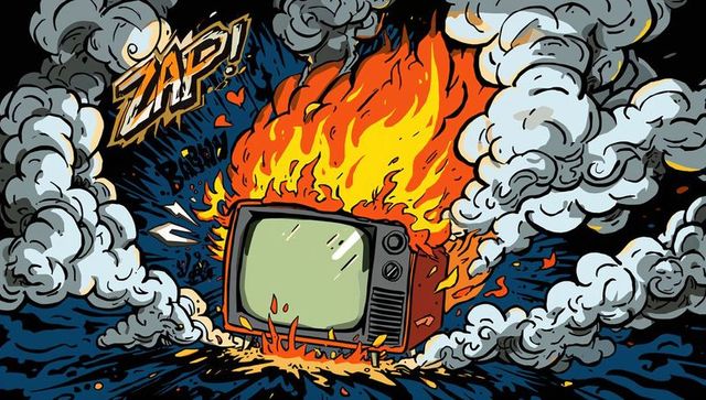 Explosive vintage tv set ablaze with dynamic blaze and zap