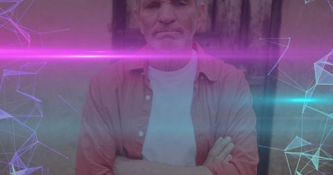 Futuristic Mature Man Standing with Neon and Wireframe Graphics