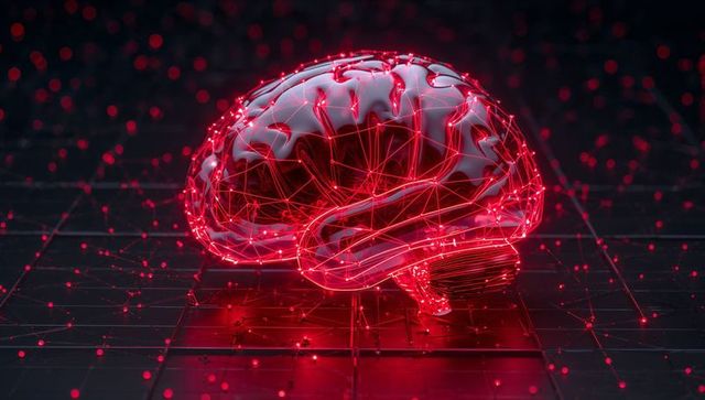 Glowing neon brain network with glossy surface and red data nodes on reflective tech grid