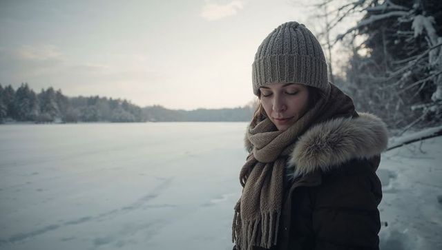 Young woman gazing over frozen lake wearing fur-trimmed parka, knit beanie and scarf