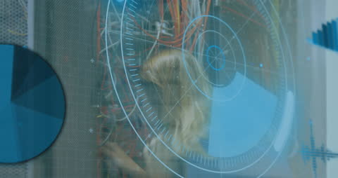 Woman Working in Futuristic Data Center with Digital Overlay