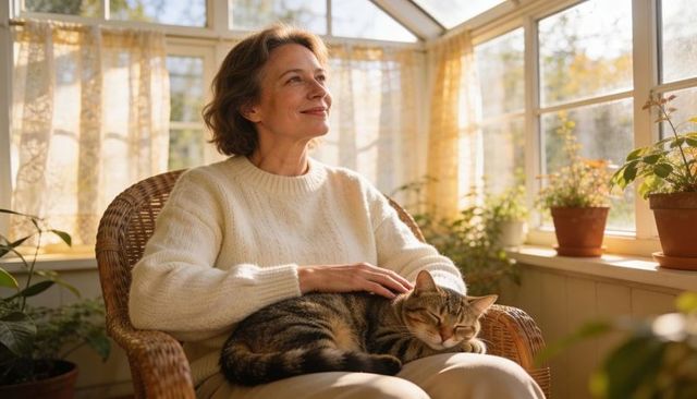 Senior woman relaxing with sleeping tabby cat on lap in sunlit wicker chair