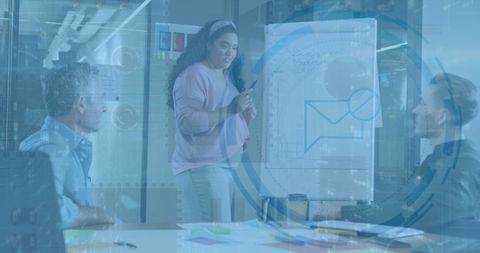Diverse Business Meeting Enhanced by Digital Data Processing Overlay