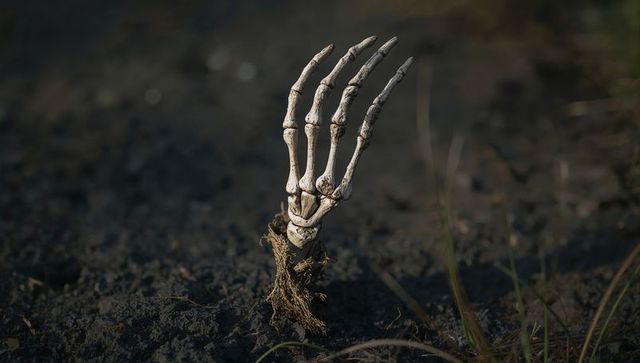 Bony hand emerging from soil amid sparse grass roots