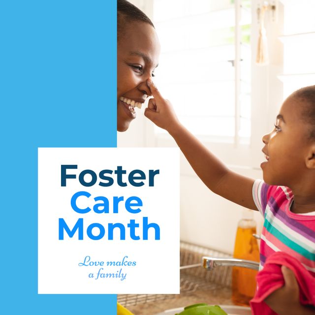 Inspirational image of an African American mother and daughter celebrating Foster Care Month. The mother is smiling while the daughter gently touches her nose, conveying a sense of love and joy. Great for promoting foster care awareness, family bonding, and positive parenting.