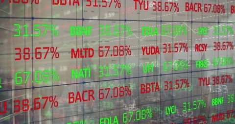 Stock market tickers displayed over cityscape representing urban financial trends