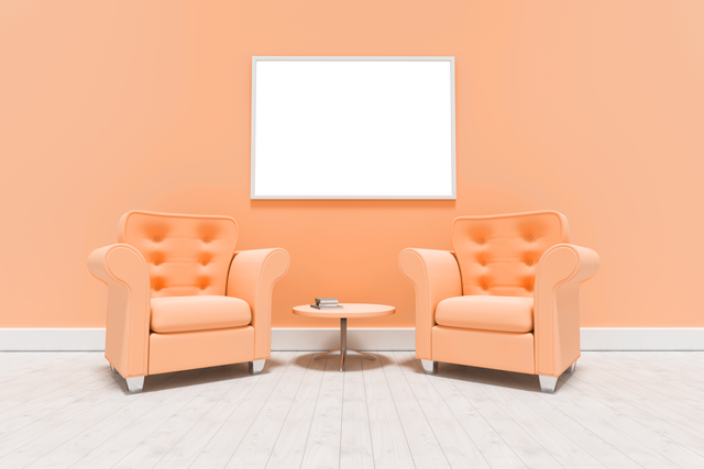 Pair of Orange Armchairs Facing Transparent Frame on Peach Wall - Download Free Stock Videos Pikwizard.com