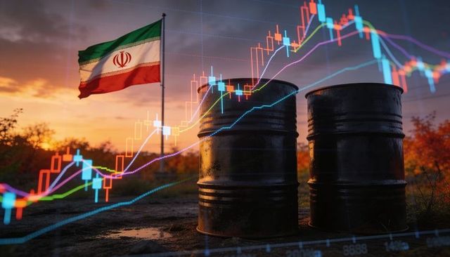 Iranian flag waving behind rusty oil barrels at sunset with rising energy market candlesticks
