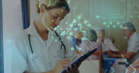 Healthcare technology concept female doctor tablet input seniors clinic