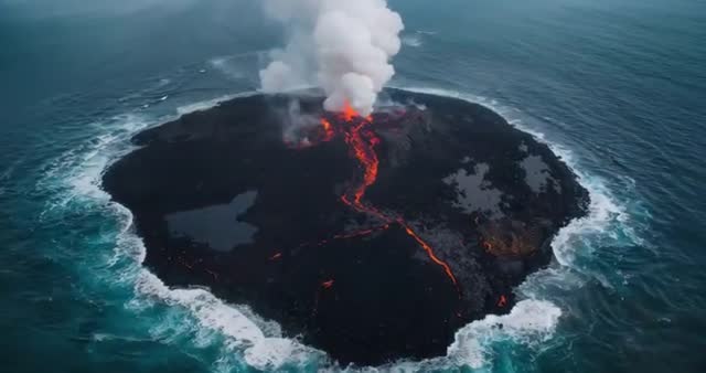 Aerial View of Erupting Volcanic Island with Flowing Lava and Steam