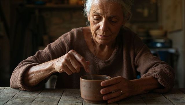 Senior woman stirring tea in ceramic mug at rustic kitchen table, contemplative moment in warm natur