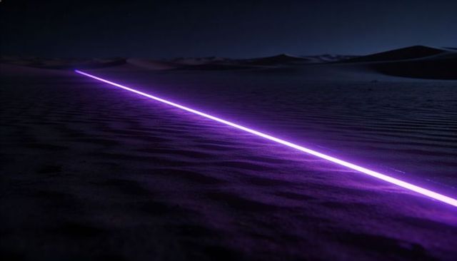Purple neon beam slicing desert nightscape lighting rippled sand futuristic minimalist