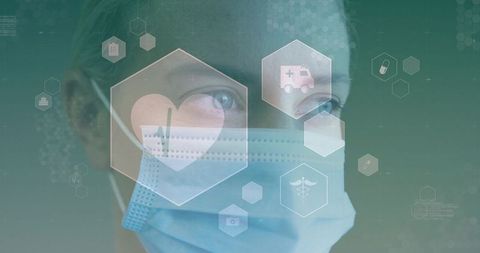 Mid-adult female wearing surgical mask with hexagonal medical icons and telemedicine overlay