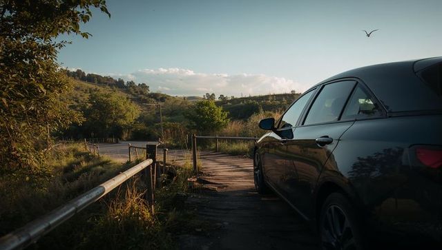 Dark sedan parking on rustic wooden bridge reflecting sunlit countryside at golden hour