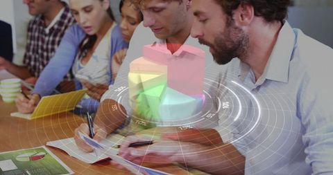 Corporate team analyzing data with 3d charts in office meeting