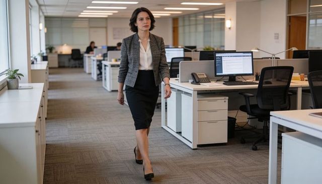 Confident executive woman walking through modern open-plan office wearing gray blazer and skirt