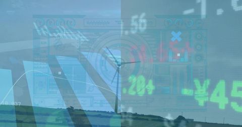 Digital Overlay Blending with Rolling Countryside Showing Central Clock and Financial Readouts