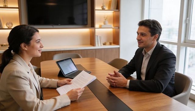 Executive interview and document review in modern boardroom, professional meeting