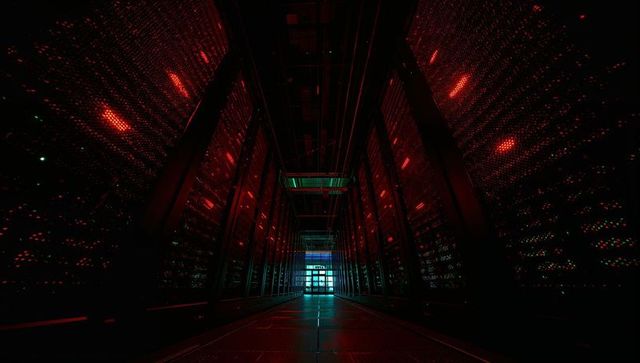 Neon data center aisle displaying symmetrical server racks, futuristic corridor perspective