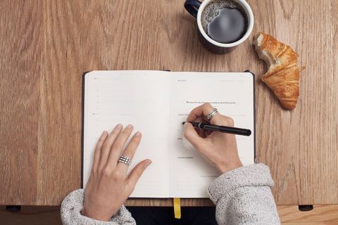 Person Writing in Journal with Coffee and Croissant Morning