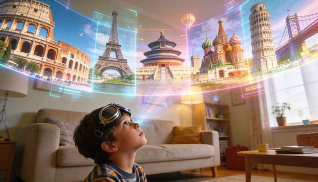 Boy gazing at holographic global landmarks in living room exploring augmented reality