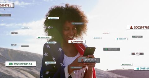 Woman Wrapped in American Flag Using Smartphone Outdoors