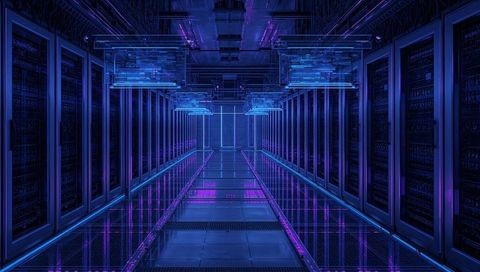 Futuristic Data Center with Neon-lit Transparent Panels