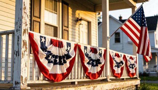 Porch displaying patriotic red white blue bunting and american flag at golden hour