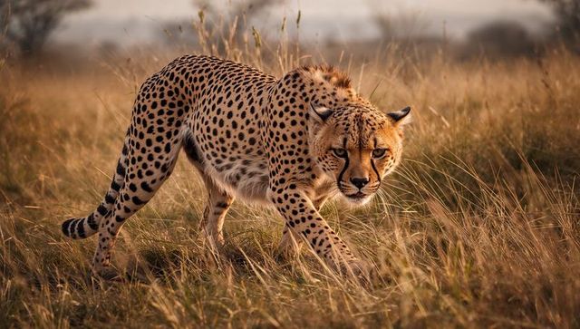 Majestic cheetah moving gracefully through savanna at twilight