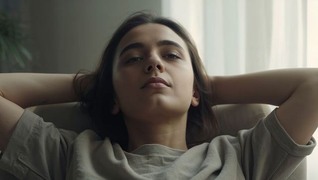 Young woman reclining and contemplating in soft natural light on cozy armchair, neutral tones