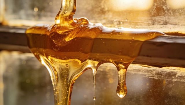 Golden honey dripping over sunlit wooden window frame macro, viscous syrup close-up