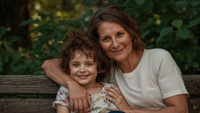 Mother embracing daughter on wooden bench smiling together in lush park foliage warm light