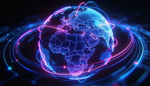 Neon holographic globe showing global data network with orbiting connectivity rings