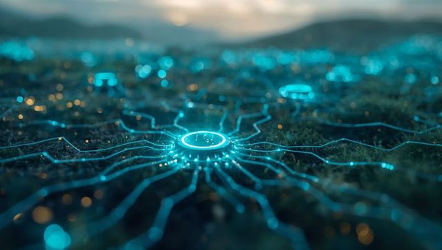 Neon Glow Circuit Lines Radiating Across Mossy Field at Dusk