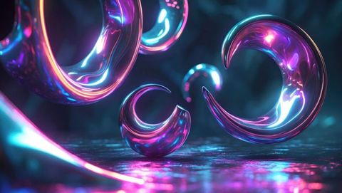 Futuristic floating crescent rings in neon magenta-cyan glow