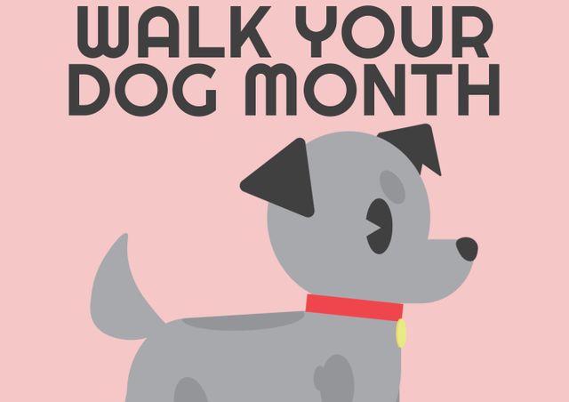 This illustration features a cute cartoon dog with a red collar and text promoting Walk Your Dog Month. Ideal for use in campaigns raising awareness about pet care, blog posts about dog walking, social media posts for animal welfare events, and pet-related newsletters. The friendly design appeals to dog owners and pet enthusiasts.
