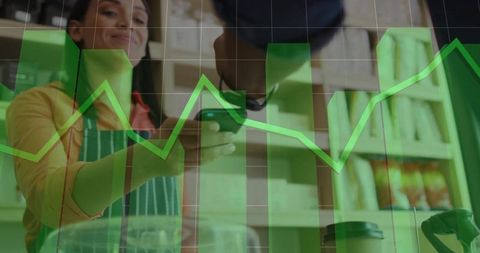 Digital transaction in cafe setting with green statistical overlay