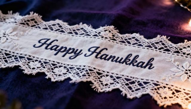 Embroidered happy hanukkah lace band on purple velvet for festive holiday decor