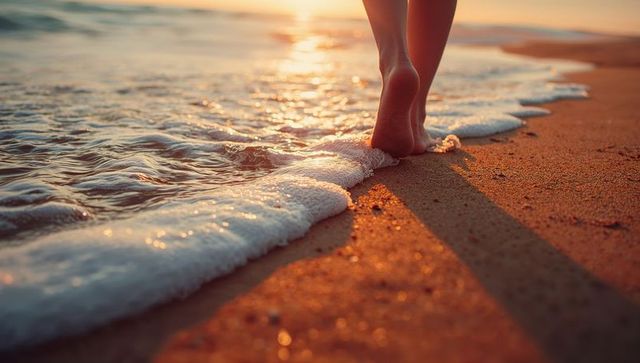 Bare Feet Walking on Wet Sand During Sunset Beach Stroll