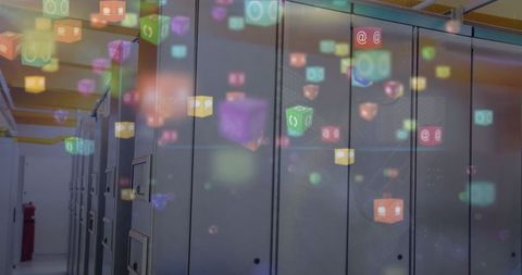 Data Center with Floating Digital Interface Icons