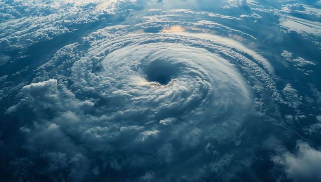 Dramatic aerial view of hurricane eye over tropical ocean
