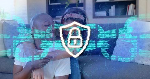 Couple embracing on sofa with digital shield lock and cybersecurity code overlay