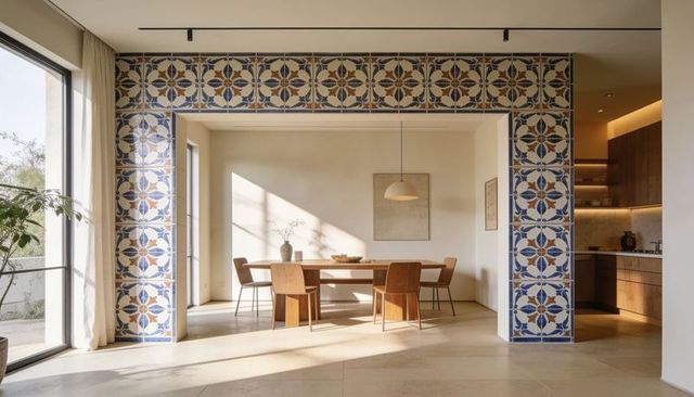 Mediterranean tiled archway framing sunlit minimalist dining area with wooden table
