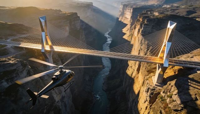 Helicopter flying under sunlit cable-stayed bridge spanning dramatic canyon at golden hour