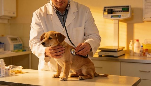 Veterinarian examining tan puppy with stethoscope on clinic table during wellness check