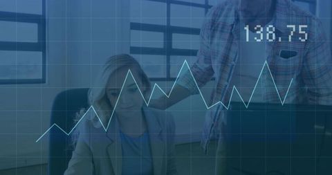 Analyzing financial metrics together reviewing analytics line chart 138.75 in office