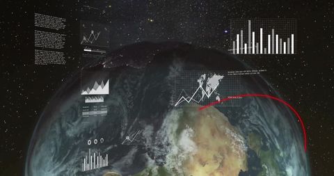 Earth rotating in orbit with translucent analytics overlays, global telemetry and trajectory
