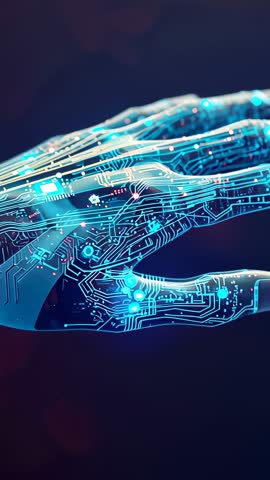 Drifting robotic hand flexing fingers with glowing circuit traces and pulsing nanotech chip