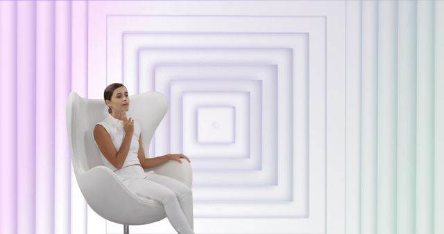 Modern setup features woman in contemplative pose, seated in white egg chair with geometric pastel background. Ideal for concepts of modern lifestyle, interior design, minimalism, or futuristic backdrops in promotional material.